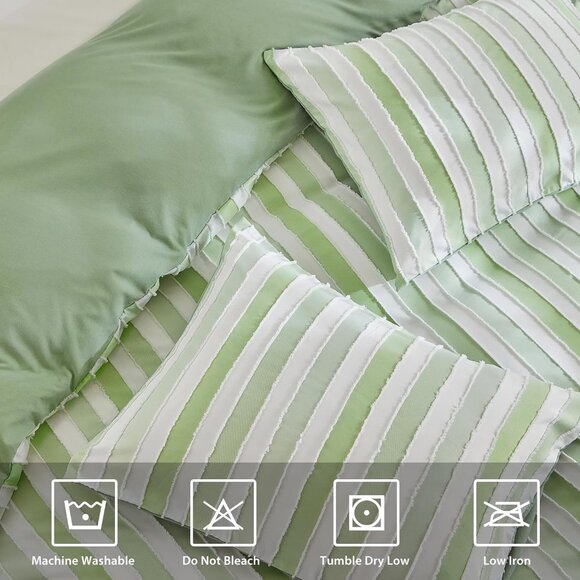 WARMDERN White and Green Boho Duvet Cover King Size, Striped Tufted Duvet Cover - Picture 4 of 8
